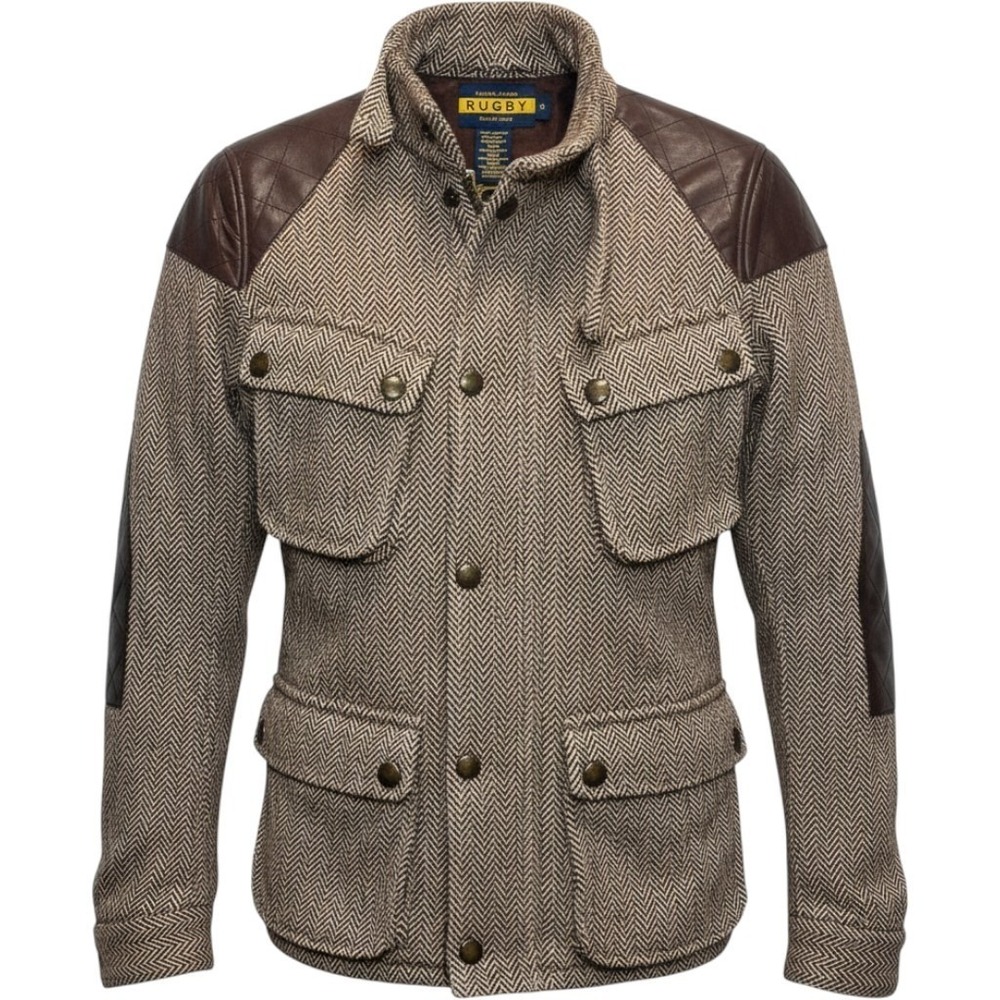 Y2K Rugby Ralph Lauren Herringbone Tweed Field Jacket Leather Safari Wool RARE S